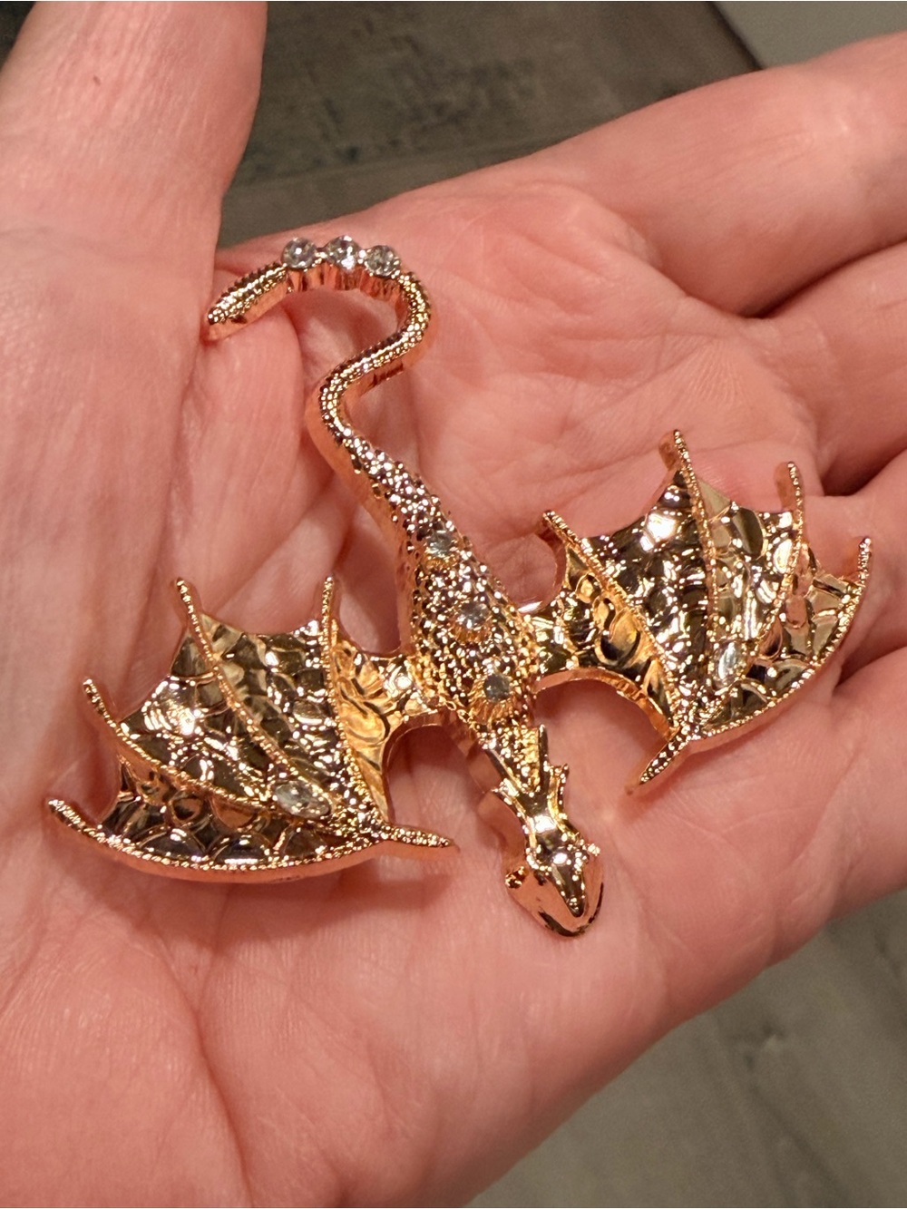 Gold tone Dragon Brooch with Rhinestones